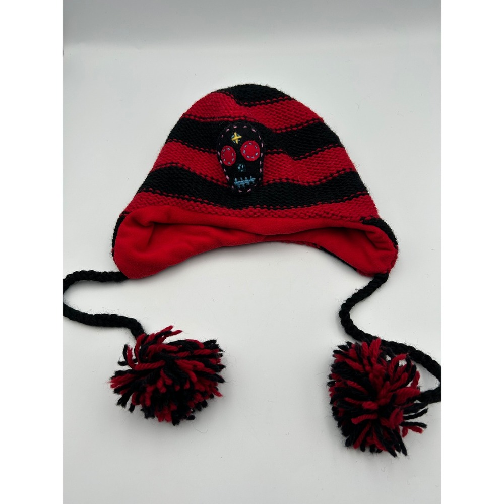 deLux Wool Striped Sugar Skull Beanie Red Black Pom Pom Ear Flap Trapper Hat